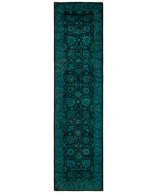 Contemporary Overdyed Wool Hand Knotted Green Runner 3' 2" x 12' 1"