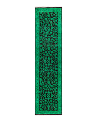Contemporary Overyed Wool Hand Knotted Green Runner 2' 6" x 10' 4"