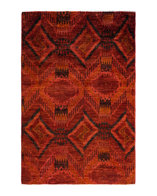 Modern, One-of-a-Kind Hand-Knotted Area Rug - Red, 4' 1" x 6' 1"