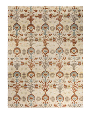 Traditional Ikat Hand Knotted Floral Wool Ivory Area Rug 9' 3" x 12' 4"