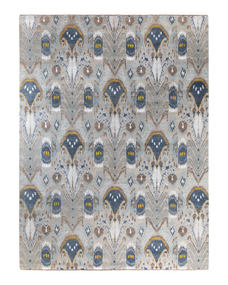 Traditional Ikat Hand Knotted Floral Silk & Wool Blend Gray Area Rug 9' 2" x 12' 3"