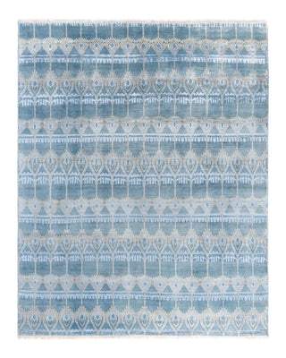 Traditional Ikat Hand Knotted Floral Silk & Wool Blend Blue Area Rug 8' 1" x 10' 3"