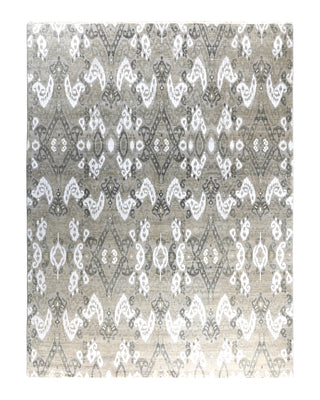 Traditional Ikat Hand Knotted Abstract Silk & Wool Blend Gray Area Rug 9' 0" x 12' 1"