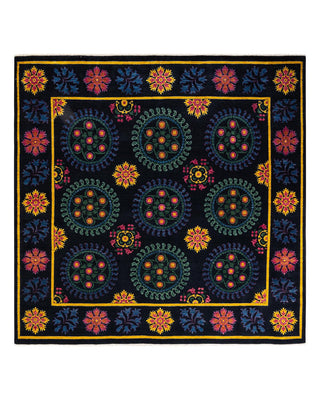 Contemporary Suzani Black Wool Area Rug 9' 4" x 10' 1" - Solo Rugs