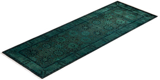 Modern Overdyed Hand Knotted Wool Green Runner 3' 3" x 8' 10"