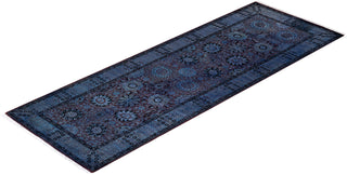 Modern Overdyed Hand Knotted Wool Blue Runner 3' 2" x 8' 7"