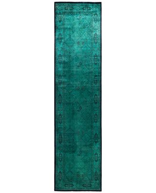 Overdyed Hand-Knotted Wool Modern-Contemporary Green Runner 3' 2" x 12' 4"