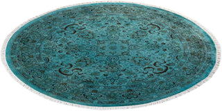 Modern Overdyed Hand Knotted Wool Blue Round Area Rug 4' 2" x 4' 3"