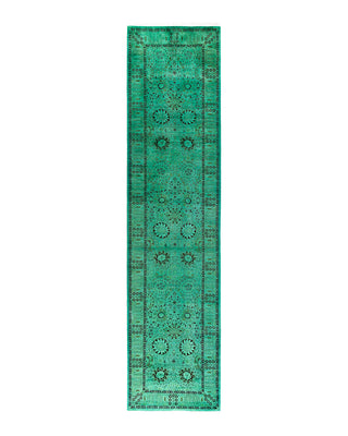 Contemporary Overyed Wool Hand Knotted Green Runner 3' 0" x 12' 4"