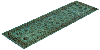 Modern Overdyed Hand Knotted Wool Blue Runner 3' 1" x 10' 1"