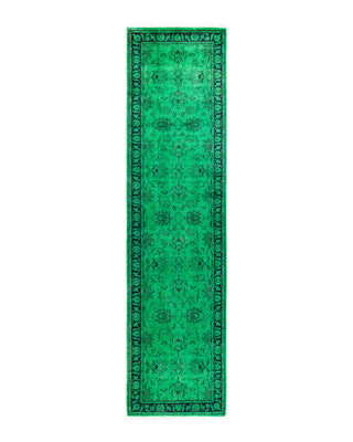 Contemporary Overyed Wool Hand Knotted Green Runner 2' 7" x 10' 4"