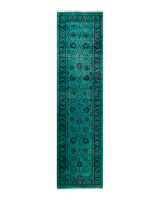 Contemporary Overyed Wool Hand Knotted Green Runner 2' 7" x 10' 4"