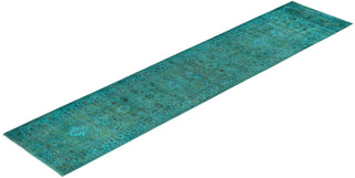 Contemporary Overdyed Wool Hand Knotted Green Runner 2' 7" x 12' 2"