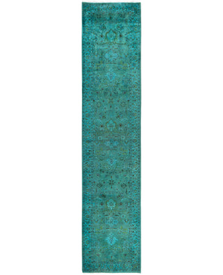 Contemporary Overdyed Wool Hand Knotted Green Runner 2' 7" x 12' 2"