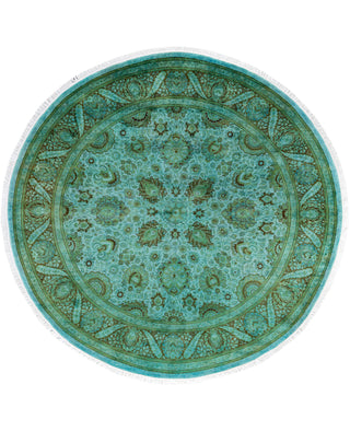 Contemporary Overdyed Wool Hand Knotted Green Round Area Rug 7' 1" x 7' 1"