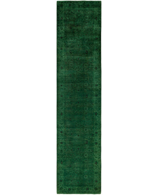 Contemporary Overdyed Wool Hand Knotted Green Runner 3' 1" x 13' 6"
