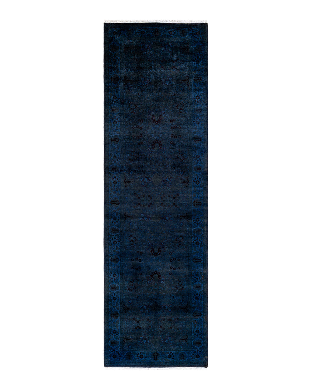 Contemporary Hand-Knotted Overdyed Navy Runner 3' 1