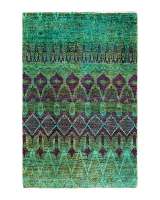 Contemporary Overyed Wool Hand Knotted Green Area Rug 4' 1" x 6' 1"