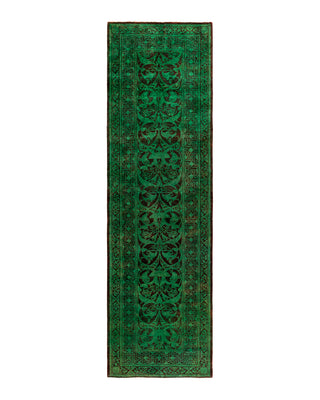 Contemporary Overyed Wool Hand Knotted Green Runner 2' 6" x 8' 9"