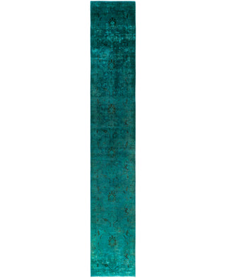 Contemporary Overdyed Wool Hand Knotted Green Runner 2' 7" x 16' 5"