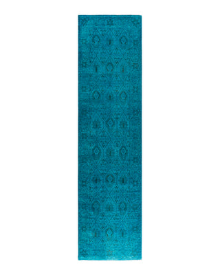 Contemporary Overyed Wool Hand Knotted Blue Runner 2' 5" x 9' 8"