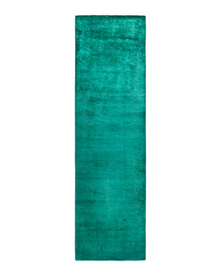 Contemporary Overyed Wool Hand Knotted Green Runner 2' 7" x 9' 3"