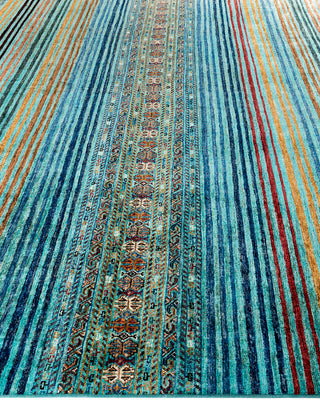 Bohemian Tribal Wool Hand Knotted Aqua Area Rug 8' 8" x 11' 11"