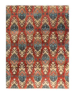 Traditional Ikat Hand Knotted Floral Wool Red Area Rug 9' 1" x 11' 9"
