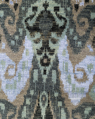 Traditional Ikat Hand Knotted Floral Silk & Wool Blend Green Area Rug 9' 1" x 12' 2"