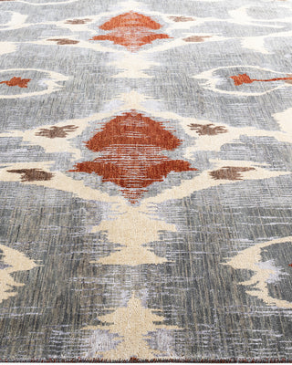 Traditional Ikat Hand Knotted Floral Silk & Wool Blend Gray Area Rug 8' 3" x 10' 6"