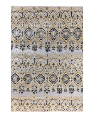 Traditional Ikat Hand Knotted Abstract Silk & Wool Blend Beige Area Rug 8' 10" x 12' 5"