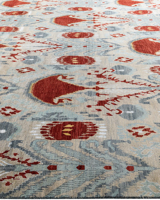 Traditional Ikat Hand Knotted Floral Silk & Wool Blend Sand Area Rug 9' 1" x 12' 1"