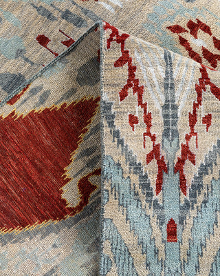 Traditional Ikat Hand Knotted Floral Silk & Wool Blend Sand Area Rug 9' 1" x 12' 1"