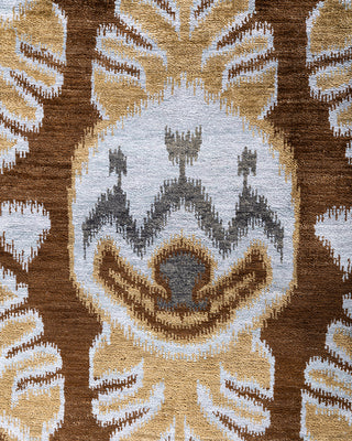 Traditional Ikat Hand Knotted Floral Silk & Wool Blend Brown Area Rug 8' 10" x 12' 4"