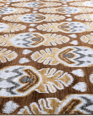 Traditional Ikat Hand Knotted Floral Silk & Wool Blend Brown Area Rug 8' 10" x 12' 4"