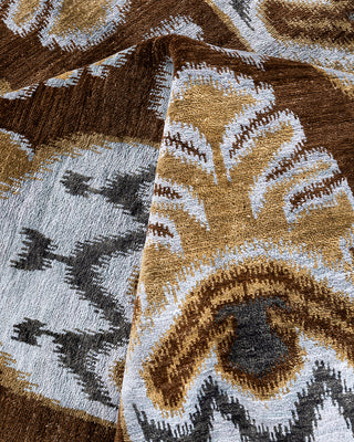 Traditional Ikat Hand Knotted Floral Silk & Wool Blend Brown Area Rug 8' 10" x 12' 4"