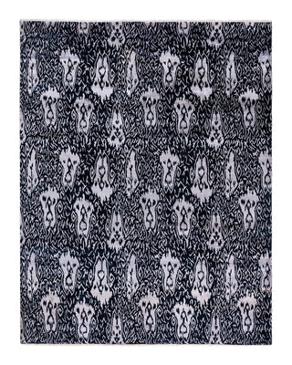 Traditional Ikat Hand Knotted Floral Silk & Wool Blend Black Area Rug 8' 1" x 10' 4"