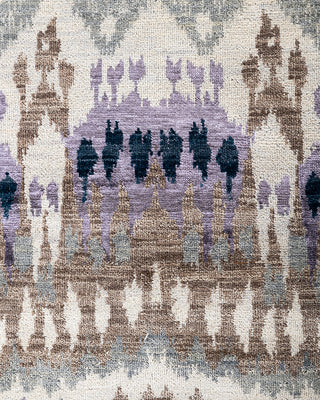 Traditional Ikat Hand Knotted Floral Silk & Wool Blend Beige Area Rug 9' 0" x 12' 1"