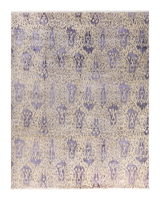 Traditional Ikat Hand Knotted Floral Silk & Wool Blend Beige Area Rug 8' 0" x 10' 1"