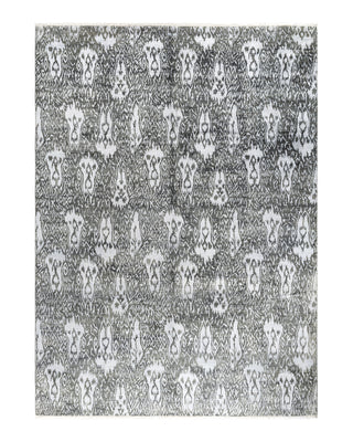 Traditional Ikat Hand Knotted Floral Silk & Wool Blend Gray Area Rug 9' 1" x 12' 4"