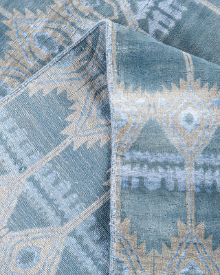 Traditional Ikat Hand Knotted Floral Silk & Wool Blend Blue Area Rug 8' 1" x 10' 3"