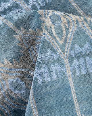 Traditional Ikat Hand Knotted Floral Silk & Wool Blend Blue Area Rug 8' 1" x 10' 3"