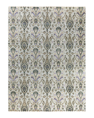 Traditional Ikat Hand Knotted Floral Silk & Wool Blend Gray Area Rug 9' 0" x 12' 2"