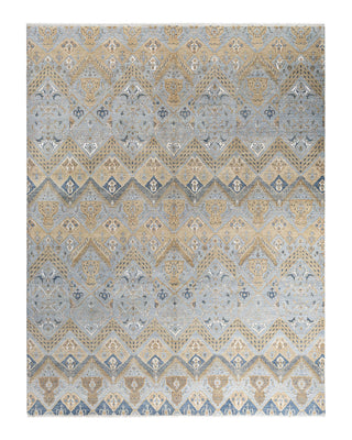 Traditional Ikat Hand Knotted Geometric Silk & Wool Blend Gray Area Rug 9' 1" x 11' 10"
