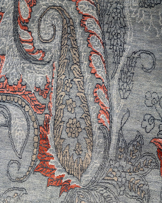 Traditional Ikat Hand Knotted Floral Silk & Wool Blend Gray Area Rug 7' 10" x 9' 10"