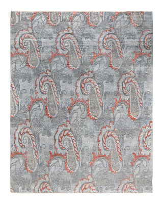 Traditional Ikat Hand Knotted Floral Silk & Wool Blend Gray Area Rug 7' 10" x 9' 10"