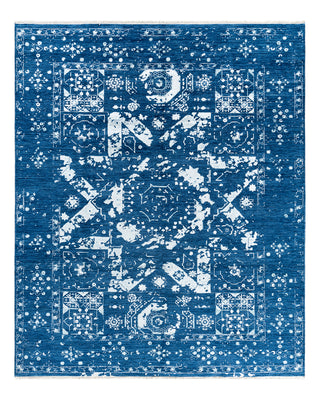 Traditional Ikat Hand Knotted Abstract Silk & Wool Blend Navy Area Rug 8' 2" x 9' 10"