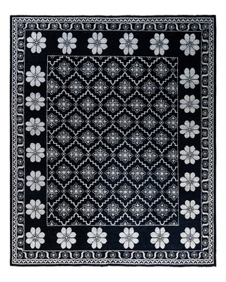 Contemporary Modern Hand Knotted Floral Wool Black Area Rug 8' 3" x 9' 10"