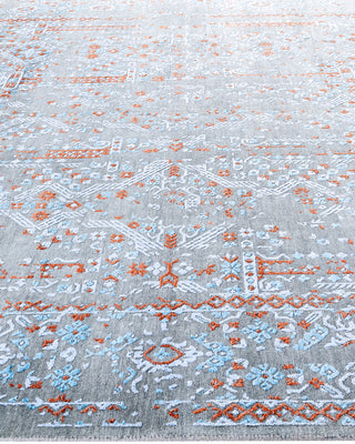 Traditional Ikat Hand Knotted Abstract Silk & Wool Blend Gray Area Rug 8' 1" x 10' 1"
