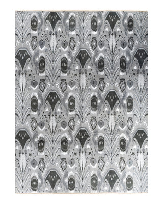 Traditional Ikat Hand Knotted Floral Silk & Wool Blend Gray Area Rug 9' 0" x 12' 4"